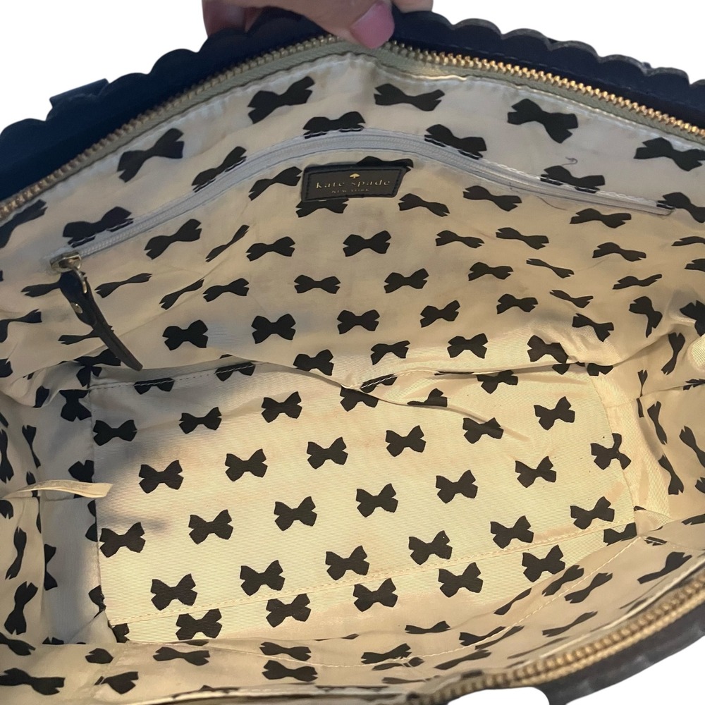 Kate Spade New York Scalloped Tote Bag Black Leather Natural Canvas Top Zip‎ - Picture 5 of 5